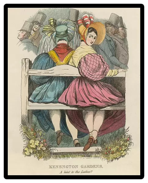 Kensington Gardens, London: A hint to the ladies (coloured engraving)