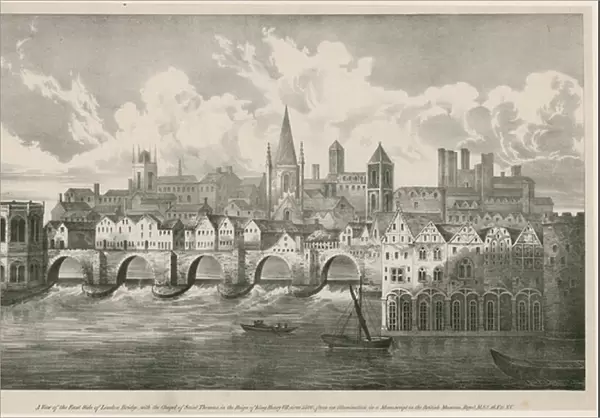 View of Old London Bridge as in the reign of king Henry VII, circa 1500 (engraving)