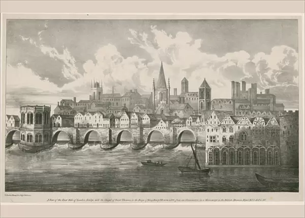 View of Old London Bridge as in the reign of king Henry VII, circa 1500 (engraving)