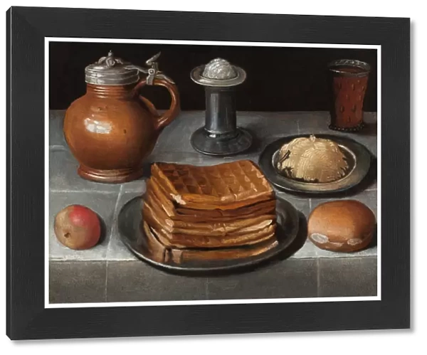 Waffles and butter on pewter plates with an apple, roll, jug, standing salt
