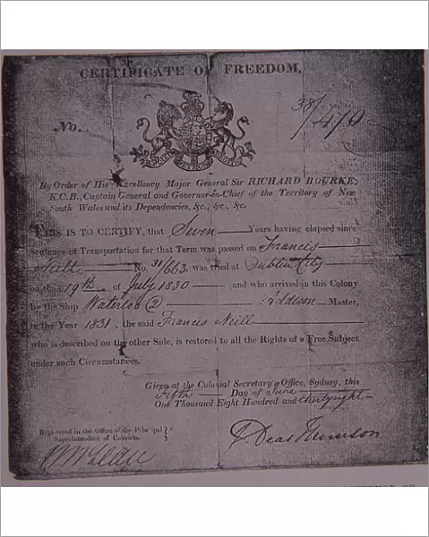 Certificate of Freedom granted to a transported convict by the Governor of New South