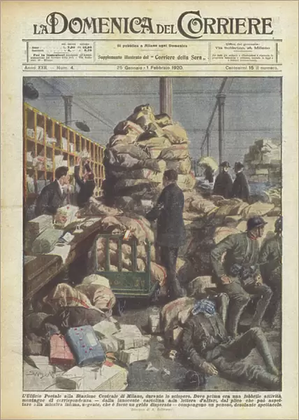 The Post Office at Milan Central Station, during the strike (colour litho)
