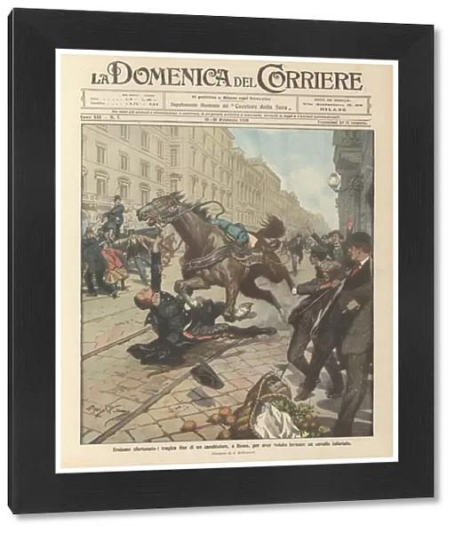 Unfortunate heroism, the tragic end of a policeman, in Rome, for wanting to stop an angry horse (colour litho)