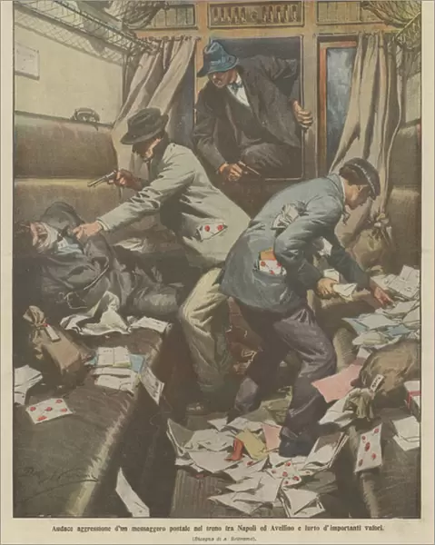 Bold assault by a postal messenger on the train between Naples and Avellino and theft of important values (colour litho)