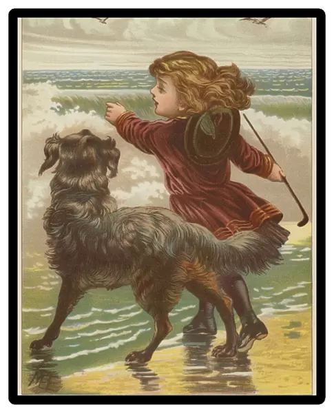 Girl with dog on beach (chromolitho)