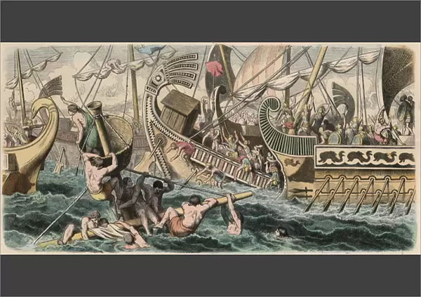 Ancient Greece: Sea Battle, 1866 (coloured engraving)