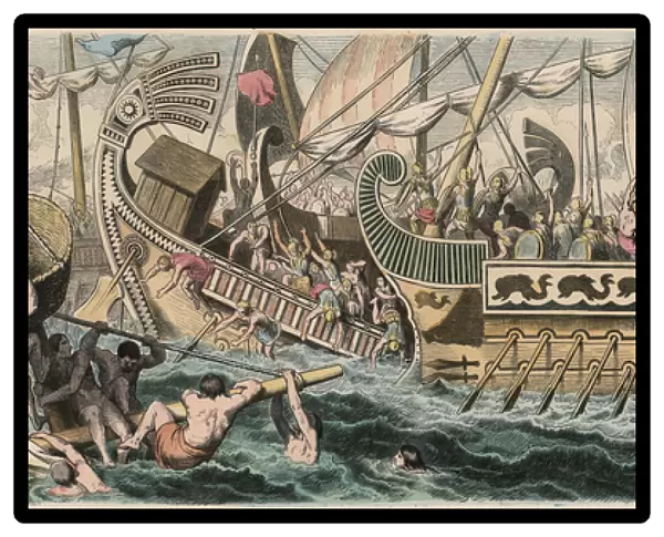 Ancient Greece: Sea Battle, 1866 (coloured engraving)