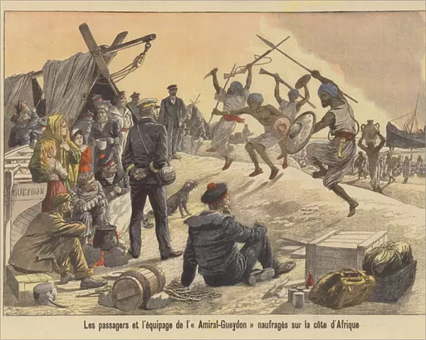 The passengers and crew of the Amiral-Gueydon shipwrecked on the coast of Somalia (colour litho)