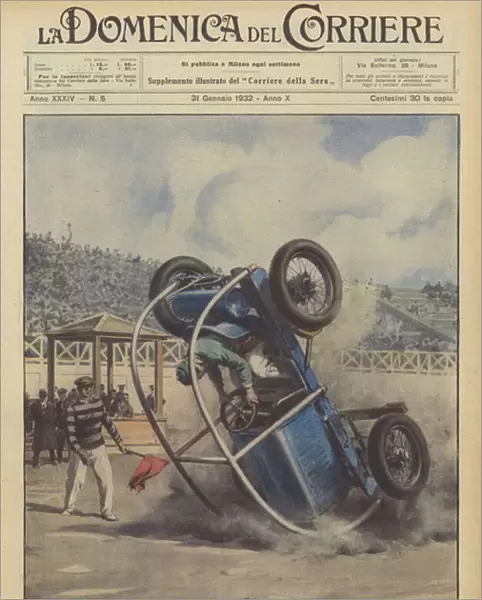 A young American arouses the enthusiasm of the California crowds with a dangerous car stunt (Colour Litho)