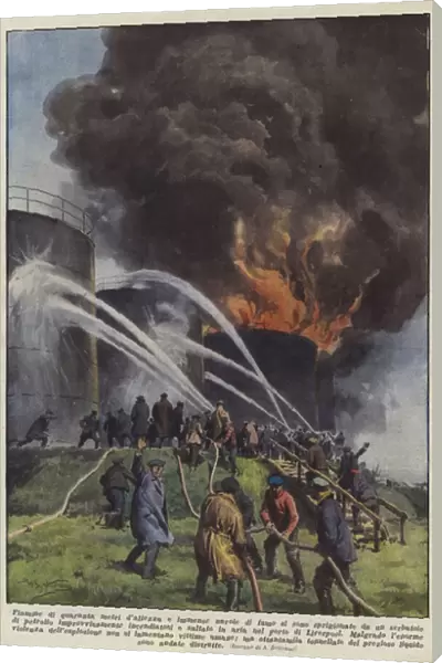 Forty meters high flames and immense clouds of smoke have emanated from a tank... (colour litho)
