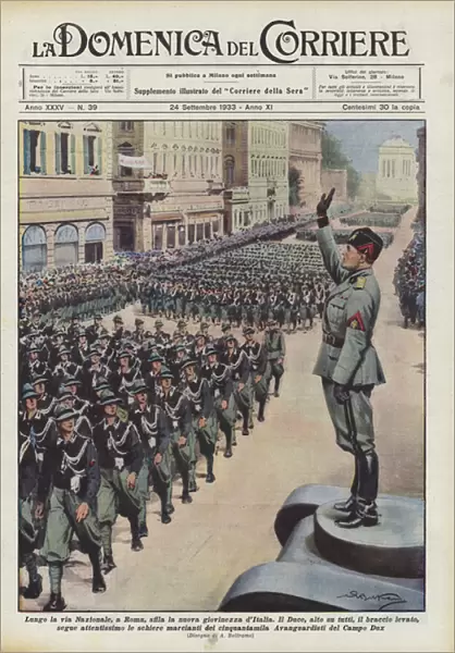 Along the Via Nazionale, in Rome, the new youth of Italy parades (colour litho)