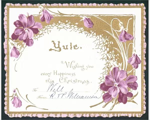 Yule, violet flowers, Christmas Card (chromolitho)