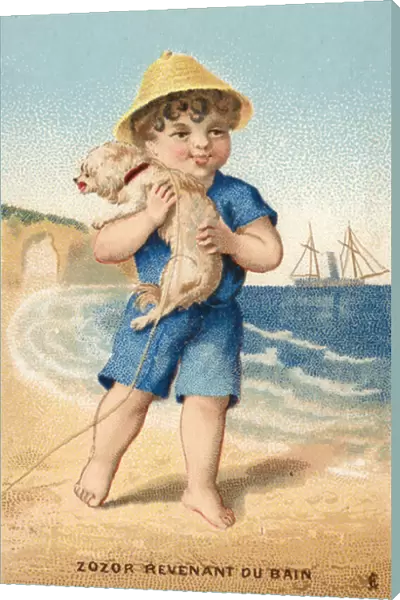 Boy with dog on beach (chromolitho)