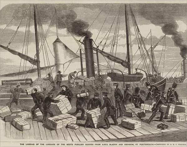 The Landing of the Luggage of the Scots Fusilier Guards from HMS Blazer and Rainbow, at Portsmouth (engraving)