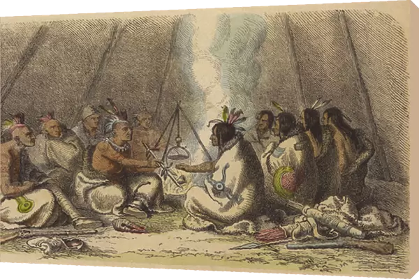 Native Americans of the Fox and Raven tribes smoking the peace pipe (coloured engraving)