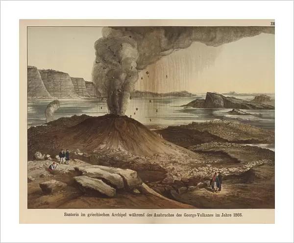 Nea Kameni, volcanic island in the caldera of the Greek island of Santorini after the euption of 1866 (colour litho)