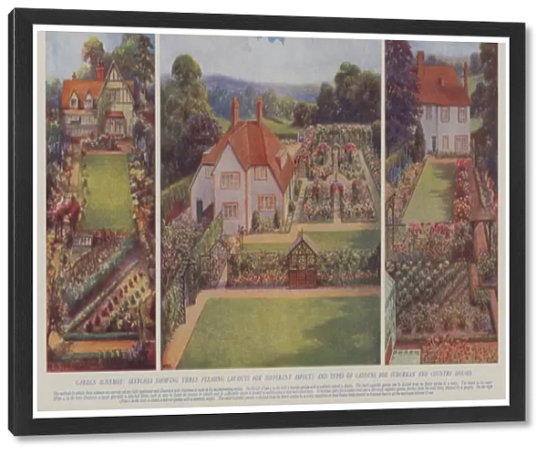 Garden schemes, sketches showing three pleasing lay-outs for different aspects and types of gardens for suburban and country houses (colour litho)