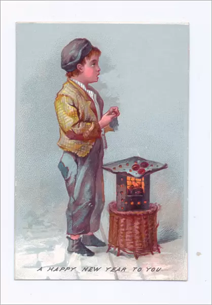 A Victorian New Year card of a boy roasting chestnuts on a small iron stove, c