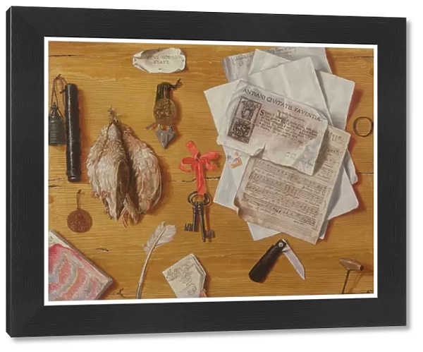 A Trompe l Oeil with Birds, Keys, Spectacles and Sheet Music (oil on canvas)