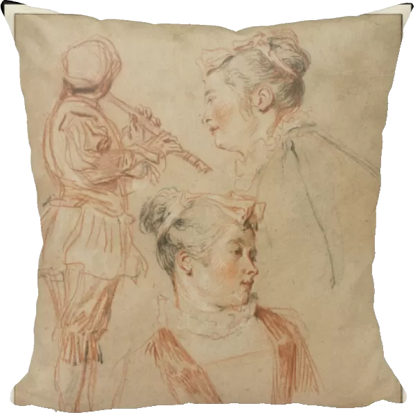 Studies of a Flutist and Two Women, c. 1717 (red, black & white chalk on buff paper)