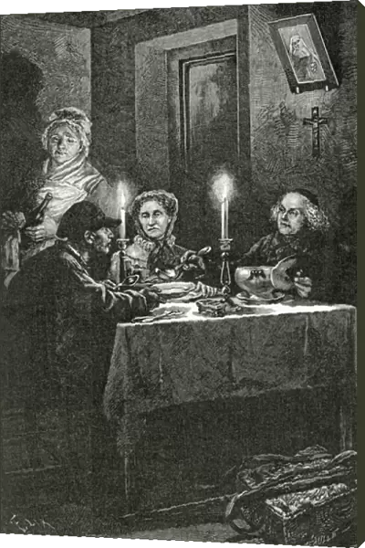 Jean Valjean is received and cared for by Bishop Myriel, 19th Century (b  /  w engraving)