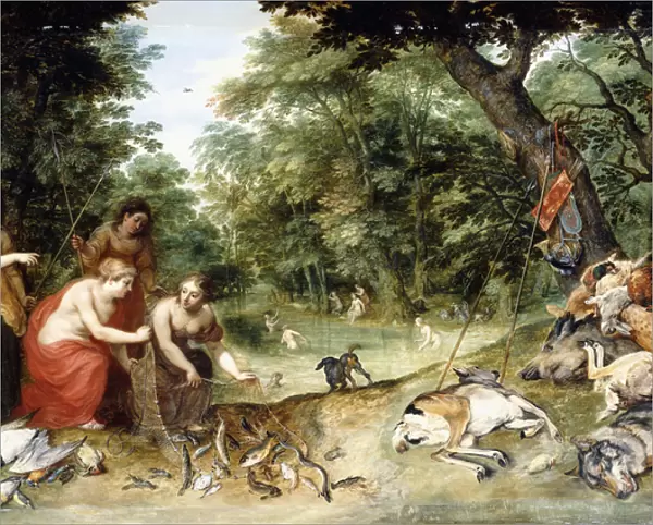 An Allegory of the Elements, Earth, Air and Water: Nymphs bathing in a wooded Glade with