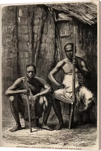 Portrait of two Bakali warriors. Drawing by H. Castelli, to illustrate the journey to