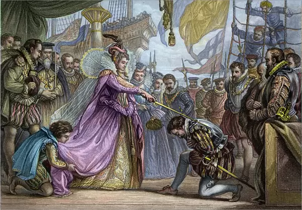 Queen Elizabeth I (1530-1603) knighting Francis Drake (1540-96