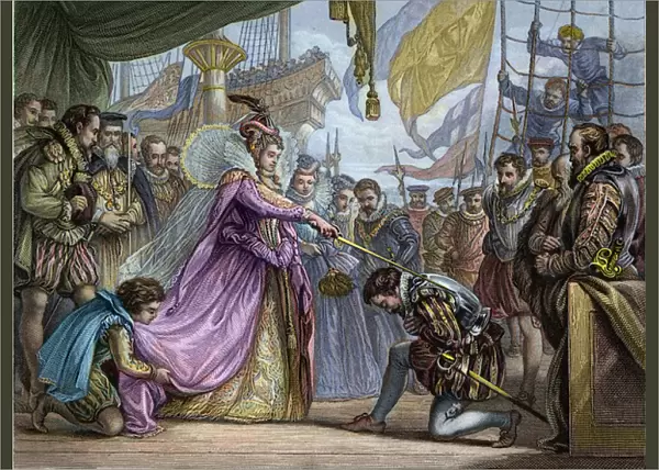 Queen Elizabeth I (1530-1603) knighting Francis Drake (1540-96