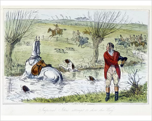 Hunter and his horse fall in a wateryard. English caricature on the fox hunt from
