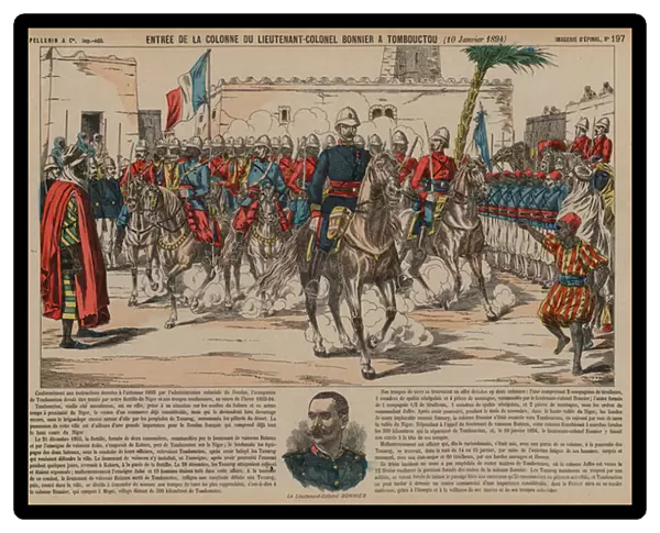 French troops commanded by Lieutenant-Colonel Eugene Bonnier entering Timbuktu, 10 January 1894 (coloured engraving)