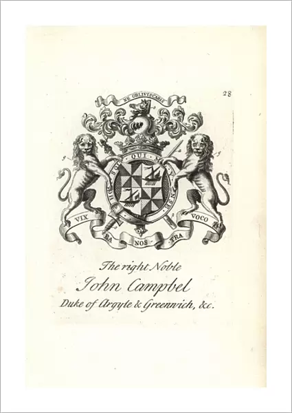 Coat of arms and crest of the right noble John Campbell, 2nd Duke of Argyll and Greenwich
