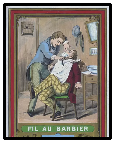Man being shaved at the barbers (colour litho)