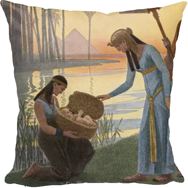 Discovery of the baby Moses in the bulrushes in Egypt (colour litho)