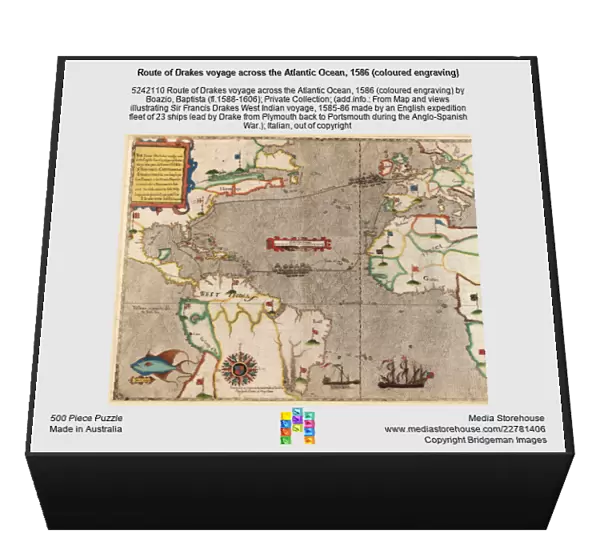 Route of Drakes voyage across the Atlantic Ocean, 1586 (coloured engraving)