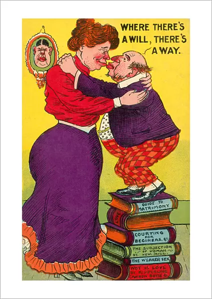 Where theres a will, theres a way: short man standing on a pile of books to kiss a much taller woman (colour litho)