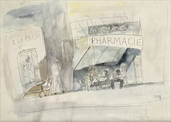 La Pharmacie, (watercolour over pen and black ink on paper)