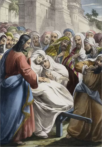 The son of The Widow Of Nain raised to life (coloured engraving)