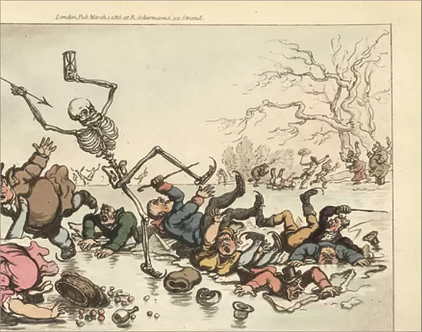 The skeleton of Death with dart and hourglass skating on a frozen pond as other skaters fall through the broken ice. Handcoloured copperplate drawn and engraved by Thomas Rowlandson from The English Dance of Death, Ackermann, London, 1816
