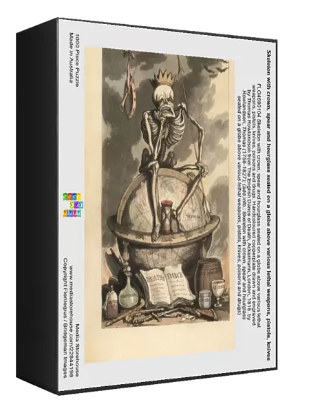 Skeleton with crown, spear and hourglass seated on a globe above various lethal weapons, pistols, knives, poisons and drugs. Handcoloured copperplate drawn and engraved by Thomas Rowlandson from The English Dance of Death, Ackermann, London, 1816