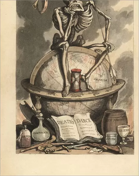 Skeleton with crown, spear and hourglass seated on a globe above various lethal weapons, pistols, knives, poisons and drugs. Handcoloured copperplate drawn and engraved by Thomas Rowlandson from The English Dance of Death, Ackermann, London, 1816