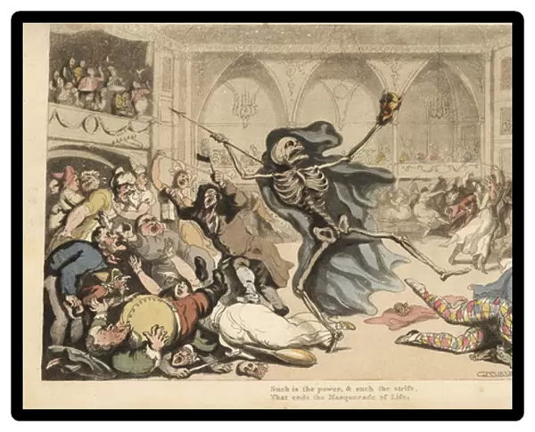 The skeleton of Death with his dart causes a riot among the harlequins, jockeys, nuns, Turks and fools at a masquerade ball. Handcoloured copperplate drawn and engraved by Thomas Rowlandson from The English Dance of Death, Ackermann, London, 1816