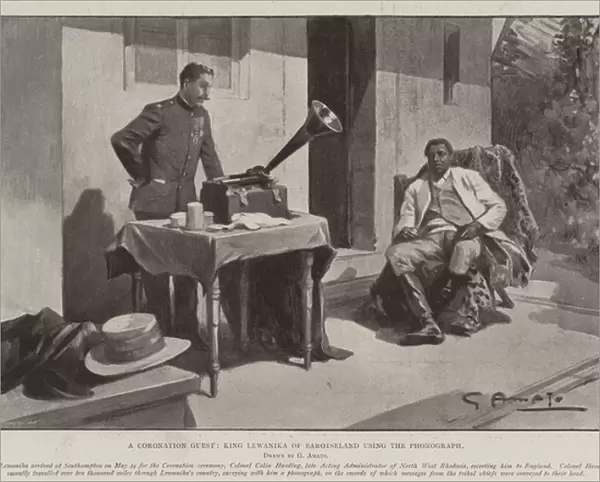 A Coronation Guest, King Lewanika of Barotseland using the Phonograph (engraving)