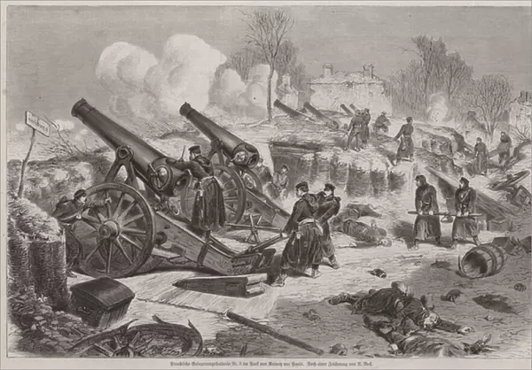 Prussian siege battery in the park of Le Raincy dring the Siege of Paris, Franco-Prussian War, 1871 (engraving)