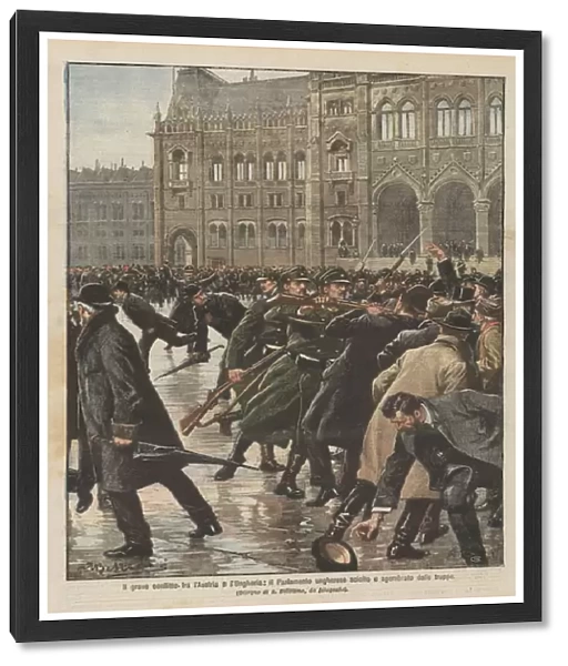 The serious conflict between Austria and Hungary, the Hungarian Parliament dissolved and cleared of troops (colour litho)