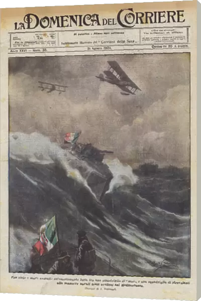 Between armed sky and sea, an exciting fight between a squadron of mas and a squadron... (colour litho)