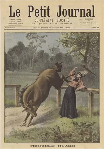 A woman kicked by a horse (colour litho)