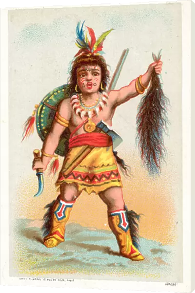 American Indian holding up a scalp (chromolitho)