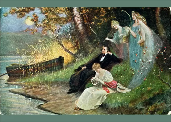 Postcard depicting Robert Schumann (1810-56) with Muses, c. 1910 (colour litho)
