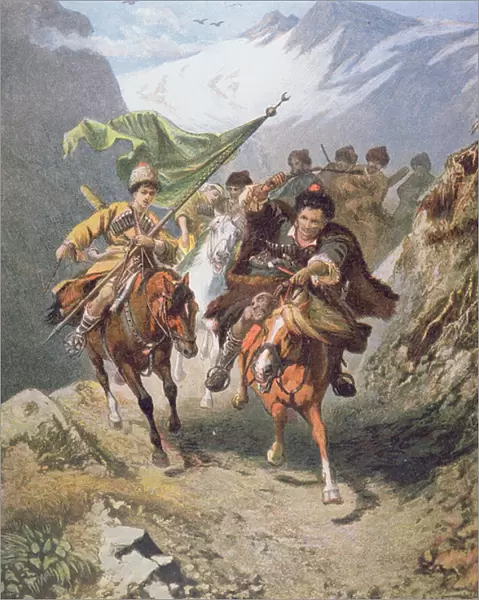 Cossacks of the Caucasus return from a raid on a settlement of Muslim cossacks with a